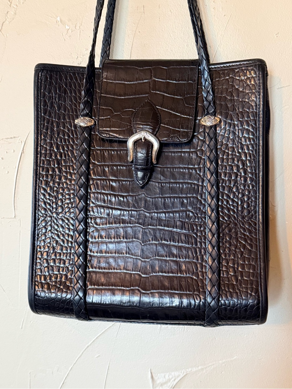 BRIGHTON vintage Black Croc-Embossed Leather Tote with Silver Buckle - Picture 3 of 11